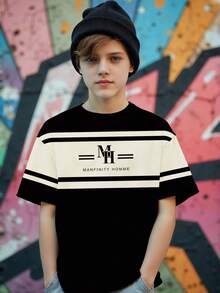 男童春夏休闲时尚创意个性清新高端简约MH条纹黑米色图案字母标语印花舒适基础款短款T恤，温暖的夏秋款式，适合春、夏、秋季穿着。 - 彩色 - 查看 3