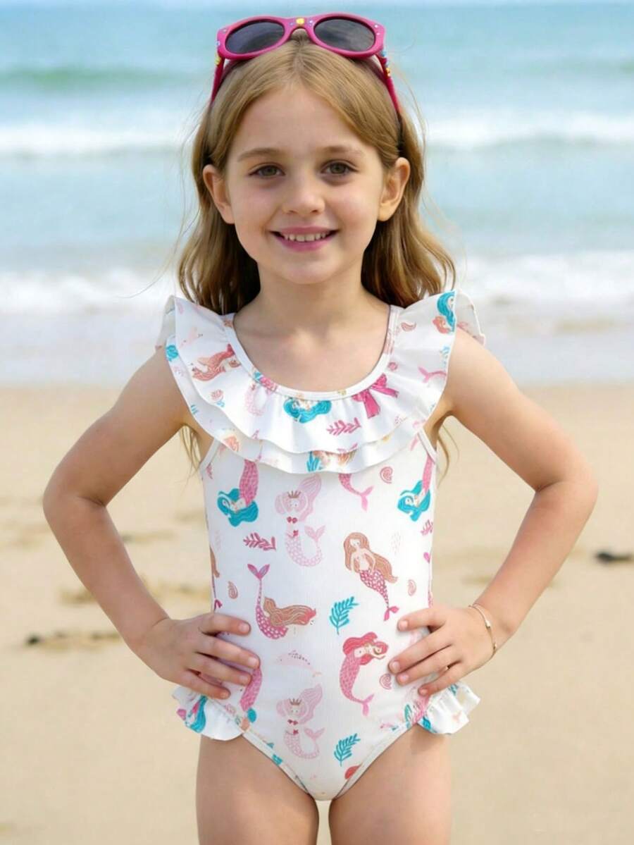 Young Girls Round Neck Ruffle Mermaid Print One-Piece Swimsuit, Summer - Multicolor - View 1
