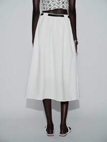 Lumivelle Chân váy xòe nữ màu trơn, cạp cao, phối màu tương phản, có túi, thích hợp cho mùa xuân/hè. - trắng - Xem 2