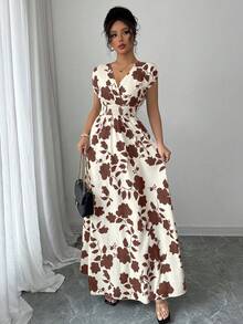 Selianne Đầm nữ kiểu dáng thường ngày in hoa, thắt eo, thích hợp cho mùa hè. - màu nâu - Xem 5