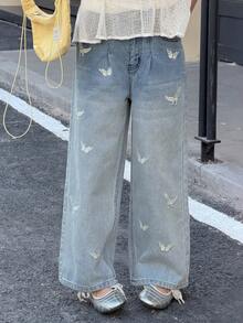 Dazy Kids Jeans de niña preadolescente con estampado bordado de mariposa - Lavado ligero - Ver 1