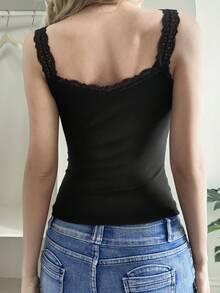 Women's Fitted Lace Patchwork Black Camisole, Suitable For Spring, Summer, Valentine's Day - Black - View 5