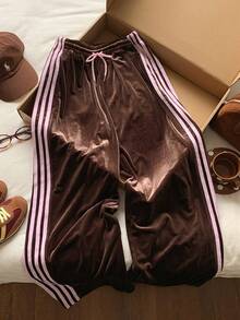 Comfortcana Pantalones casuales de talla grande de unicolor de terciopelo con rayas laterales de contraste cómodas, adecuados para primavera y otoño - Marrón - Ver 4
