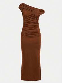 SHEIN 少女休闲优雅不对称领口褶皱腰身修身针织长裙，适合万圣节派对、返校装扮、聚会等场合，棕色 - 棕色 - 查看 2