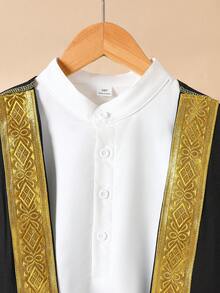 Vacaura 两件套男童传统中东半开襟立领衬衫套装，含黑色外套，金色丝带装饰，优雅时尚 - 黑與白 - 查看 6