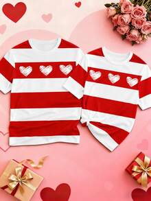Manfinity Joysei Men's White Bold Wide Stripe Three Hearts Scribble Print Couple Matching T-Shirt | Valentine Hand Drawn Doodle Love Graphic Horizontal Color Block Tee | Classic Nautical Inspired Crew Neck Short Sleeve Top | Sweet Romantic Anniversary Gift His And Hers Loose Fit Shirt | Simple Preppy Clean Summer Casual Date Night Wear | Soft Breathable Boyfriend Girlfriend Daily Outdoor Holiday Outerwear,Men's Heart Striped Print Round Neck Short Sleeve Casual T-Shirt - Multicolor - View 1