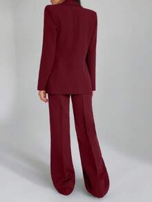 EURMUSE Bộ quần áo hai mảnh màu trơn dành cho nữ, gồm áo blazer và quần dài. - Màu Đỏ Sâu - Xem 2