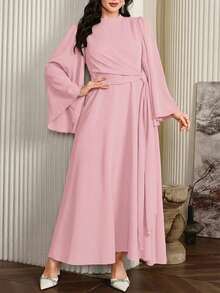 Modelyn Plus Size Women's Elegant Long Dress With Stand Collar And Flowing Scarf, Deep Red - Pink - View 5