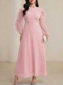 Modelyn Long Round Neck Ruffle Sleeve Black Dress - Pink - View 5