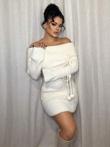 Dayanna Comas 露肩毛绒球吊坠装饰女式 Himekaji 毛衣派对礼服，适合新年、情人节 - 米色 - 查看 6