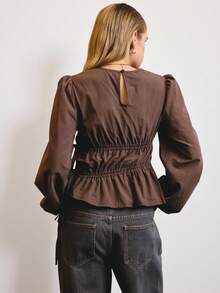 SHEIN Aralina-E Textured Lightweight Woven Fabric Elastic Waist Puff Sleeve Relaxed Fit Everyday Casual Top - Coffee Brown - View 2