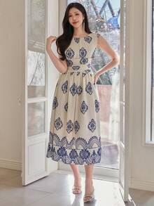 DAZY Women's Elegant Floral Pleated Round Neck Sleeveless Long Dress, Summer Wedding Guest Dress - Blue - View 3