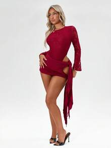 Amplova Bộ 2 món ren khoét lưng gợi cảm, bodysuit tay loe lưới mỏng kèm chân váy quấn, thích hợp cho các buổi hẹn hò, mùa thu/đông - Màu Đỏ Sâu - Xem 8