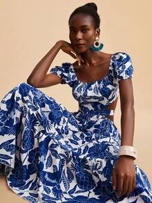 Travachic Women's White And Blue Floral Puff Sleeves Cutout Waist Dress,Boho Autumn Vacation Holiday Outfits,Elegant Party,Luxury Wedding Bridesmaid Ceremony - Multicolor - View 1