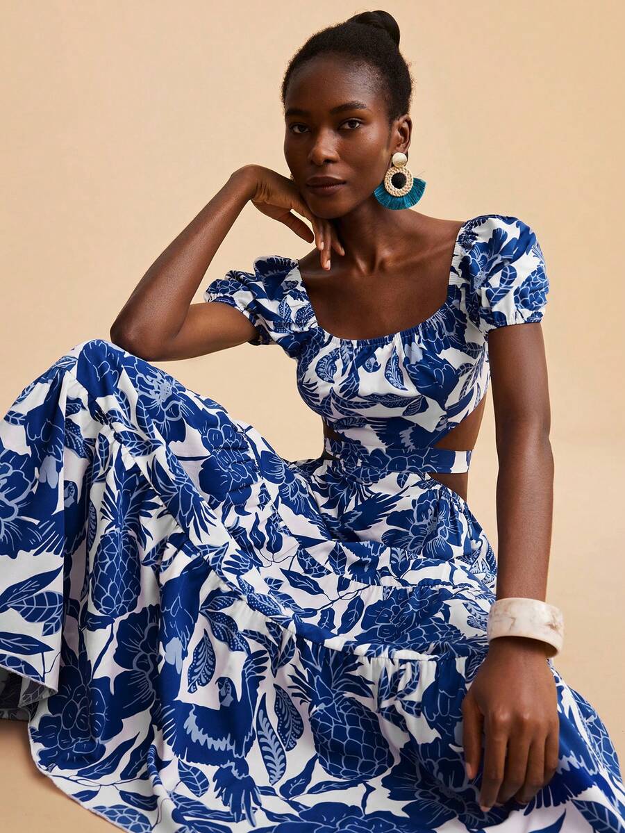 Travachic Women's White And Blue Floral Puff Sleeves Cutout Waist Dress,Boho Autumn Vacation Holiday Outfits,Elegant Party,Luxury Wedding Bridesmaid Ceremony - Multicolor - View 1