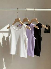 SHEIN Playful Pals 3件套女童纯色圆领简约时尚百搭吊带背心，夏季 - 彩色 - 查看 4