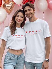 Manfinity Homme Men's Heart Print Round Neck Short Sleeve T-Shirt Couple Tshirt Couple Twinning Outfits Couple Clothes Set Heart Shirt Unisex T Shirts - White - View 1