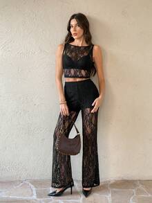 SHEIN Tall Black Top + Pants Set Lace Blouse + High-Waisted Flare Lace Knit Pants, Women 2-Piece Set Black Mesh Sheer Lace Jacquard Sexy Party 2-Piece Outfit For Women - Black - View 6