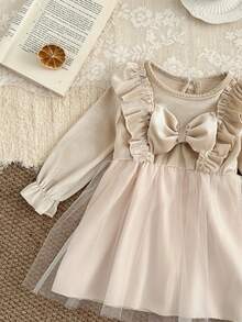 SHEIN Đầm dự tiệc bằng vải lưới trang trí nơ thanh lịch cho bé gái - Màu be - Xem 4