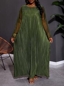 SHEIN CURVE+ Kích cỡ US22 (dành cho người có thân hình đầy đặn) - Lễ hội âm nhạc, Kỳ nghỉ biển, Phong cách Bohemia - Bộ sưu tập Thu/Đông 2025 mới về, Thanh lịch & Tiệc tùng & Hẹn hò & Buổi tối & Lễ tốt nghiệp & Sinh nhật & Mùa cưới, Màu xanh lá cây trơn dáng rộng, Tay dài phối lưới, Dáng chữ A, Vải xếp ly, Váy maxi - Váy co giãn - màu xanh lá - Xem 8