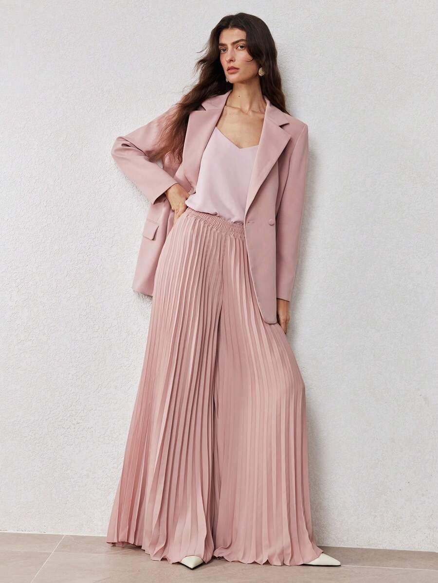 ZEYLAH Women Spring Solid Pleated Wide Leg Pants
