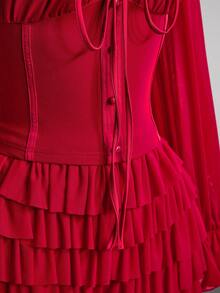 SHEIN ICON Bộ đồ đôi cỡ lớn phong cách Y2K gợi cảm gồm áo lưới cổ vuông nhún bèo tay phồng và quần short mini xếp tầng, màu đỏ rượu vang, thích hợp cho buổi hẹn hò ngày Valentine. - Màu Đỏ Sâu - Xem 9