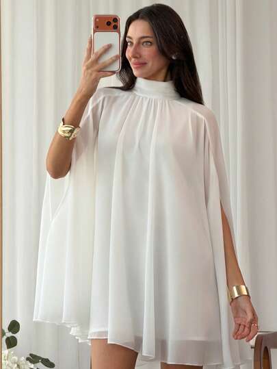 Aloruh 春夏新款浪漫约会白色雪纺立领长袖褶皱迷你连衣裙（女款）