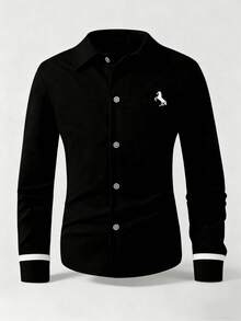 SHEIN Vacaura Teen Boys Casual Gentleman Style Embroidered Long Sleeve Shirt Black Long Sleeve Shirt Horse Logo Shirt - Black - View 4