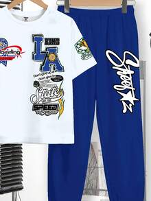 2pcs Tween Boy Casual Y2K Graffiti Letter Print Short Sleeve T-Shirt And Pants Set, Suitable For Spring/Summer - White - View 5