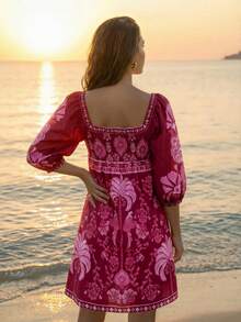 CAJUNI Women's Palm Tree Print Square Neck Lantern Sleeve Fashionable Mini Dress, Suitable For Vacation - Burgundy - View 2