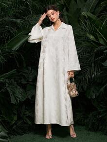 Al Najma 提花纹理面料衬衫领菱形装饰宽松长袖连衣裙 - 杏色 - 查看 3