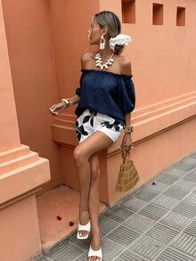 Selianne Women's Off Shoulder Blouse And Printed Shorts 2-Piece Set, Casual Holiday Outfit - Blue and White - View 4