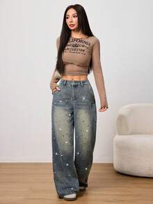 SHEIN PETITE Quần jeans ống rộng dáng suông mùa hè và xuân dành cho nữ, kiểu dáng sang trọng với đinh tán kim loại lấp lánh, túi phối màu tương phản, chất liệu denim mài rách. - Rửa trung bình - Xem 6