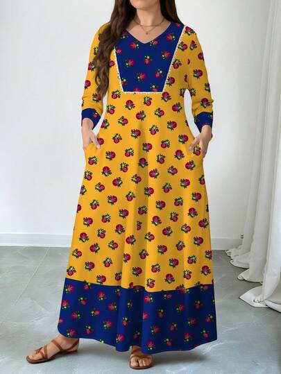 Lacomfia 大码女式花卉植物印花撞色V领短袖连衣裙，带口袋，春夏时尚单品