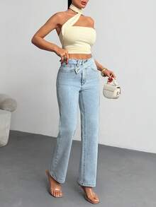 SHEIN Cottnline Stretch Comfy High Waist 98% Cotton Slanted Waistband Denim Jean Jeans Wide Leg Y2k Jeans Jeans Summer Jeans Low Rise - Light Wash - View 1