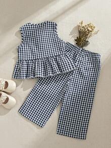 Souflis Souflis 2pcs Baby Girls Toddler/Newborn 0-3Y Black & White Plaid Casual Sweet Daily Vacation Woven Sleeveless Top & Wide Leg Pants 2 Pieces Set - Black and White - View 3