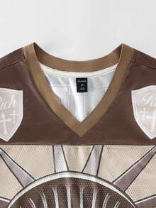 ROMWE MEN Street Life Kaos Lengan Pendek Olahraga Pria Kasual Musim Semi/Panas dengan Motif Grafis dan Patchwork Jala, Jersey Atletik - Coklat - View 3