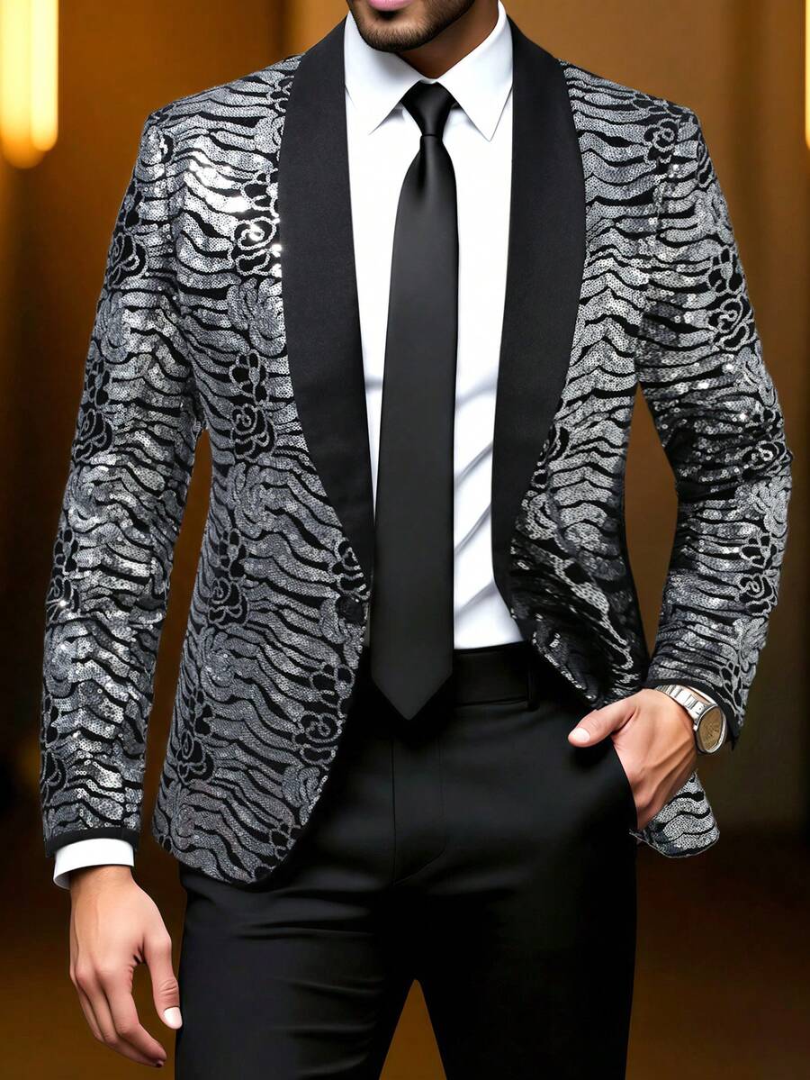 Manfinity AFTRDRK All-Over Print Sequin Patchwork Single-Breasted Long Sleeve Suit Set - Black - View 1