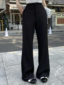 DAZY 女士宽松休闲度假风直筒裤，优雅复古设计，适合春夏穿着 - 黑色 - 查看 1