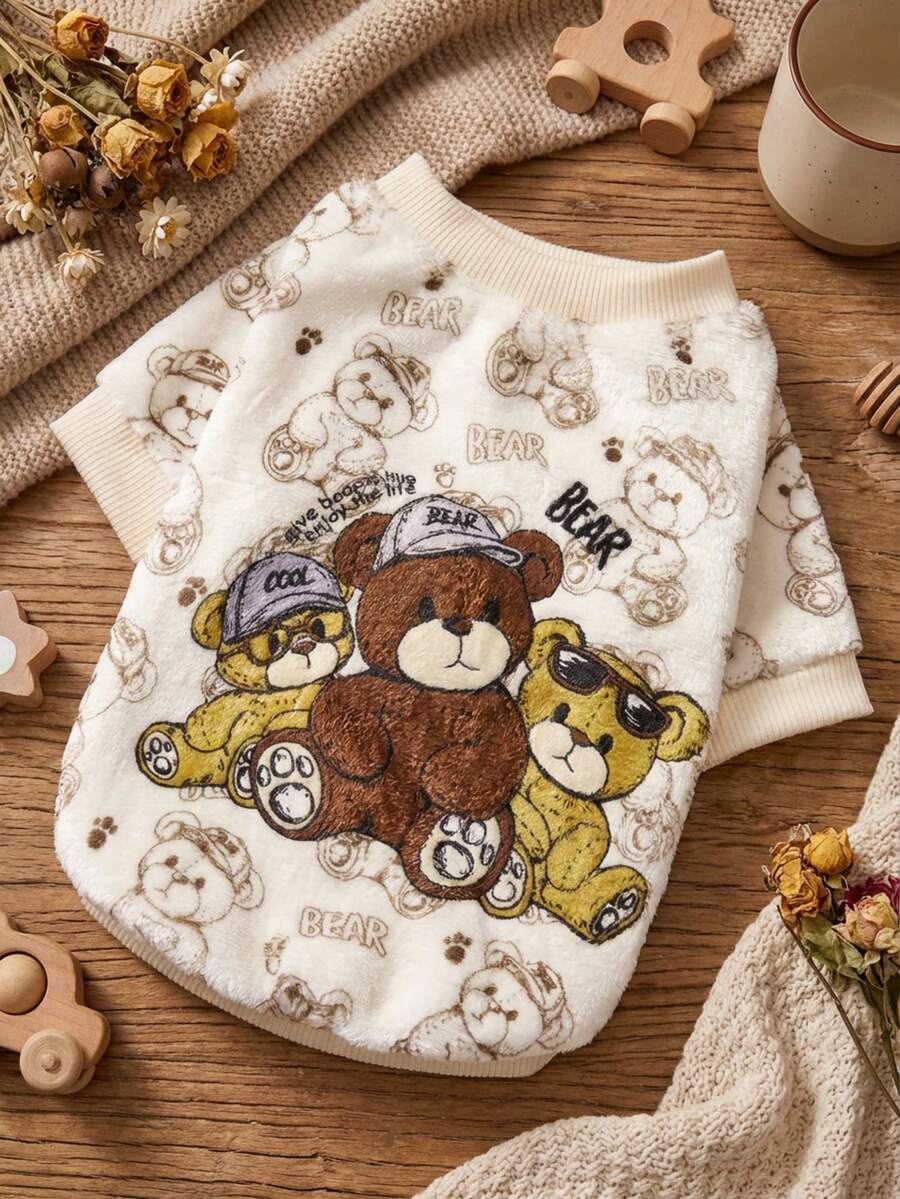 PETSIN 1件印花三只泰迪熊法兰绒卫衣，厚实保暖，适合宠物秋冬季穿着