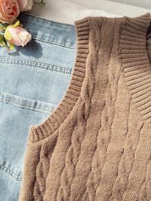 SHEIN 青少年女孩V領刺繡針織背心，柔軟舒適棕色秋季休閒週日返校上衣，適合青少年女孩戶外玩耍穿著 - 卡其色 - 查看 6