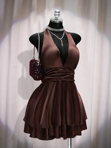 SHEIN ICON 大码女士缎面深V领吊带连衣裙，棕色 - 棕色 - 查看 7