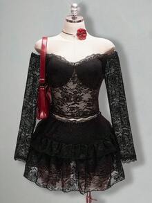 SHEIN ICON Plus Size Retro Black Autumn Formal Goth Evening Night Out Club Y2K Outfit,Off-The-Shoulder Lace Trim Semi-Sheer Long-Sleeved Top & Ruffled Skirt Set - Black - View 4