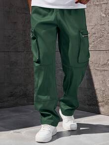 Manfinity Homme 加大码男士纯色斜插口袋休闲百搭工装裤 - 墨綠色 - 查看 5