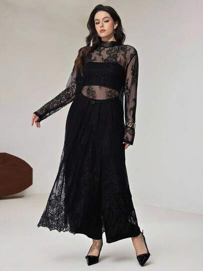 Maija Plus Size 2026 New Early Spring Suitable For 5-15°C, Layering, Modern Urban Style, Black Lace Fabric, Waist-Cinched Fitted Silhouette, Women's Long Dress, Elegant Versatile Daily Wear, Autumn/Winter New Year Party Dress