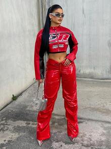 Dayanna Comas Autumn And Winter Casual Street Motorcycle Style Round Neck Long-Sleeved Ultra-Cut PU Women's Racing Crop Jacket - Multicolor - View 4