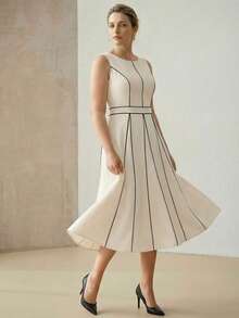 MOTF PREMIUM PLUS ELEGANT CONTRAST PIPING MIDI DRESS, SPRING/SUMMER - Apricot - View 5