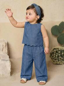 Travachic KIDS Babygirl Cute Wavy Sleeveless Top And Pants Set, Summer - Blue - View 2
