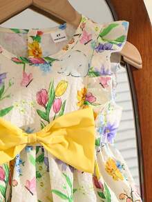 Young Girls Elegant Dress For Spring/Summer, Front Panel With Solid Yellow Color 3D Bow Decor, Cap Sleeve With Crinkle Texture Fabric, Waist Cinched, Cute Rabbit Digital Print Patchwork Hem Cake Dress, Suitable For Cute, Elegant, Comfortable Wear For Girls, Daily, School, Vacation