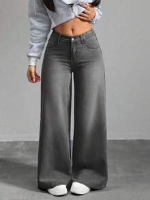 SHEIN Tall CURVE 大码女式宽松牛仔裤，适合夏季度假、7月4日、俱乐部、办公室、乡村音乐会、锐舞派对、游轮等场合，打造颓废摇滚风高腰牛仔裤造型 - 淺色水洗藍 - 查看 5